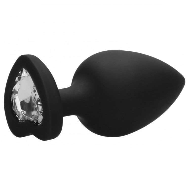 Черная анальная пробка с прозрачным стразом Extra Large Diamond Heart Butt Plug - 9,5 см.