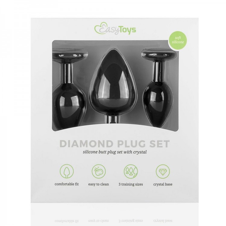 Набор из 3 черных анальных пробок со стразами Diamond Plug Set