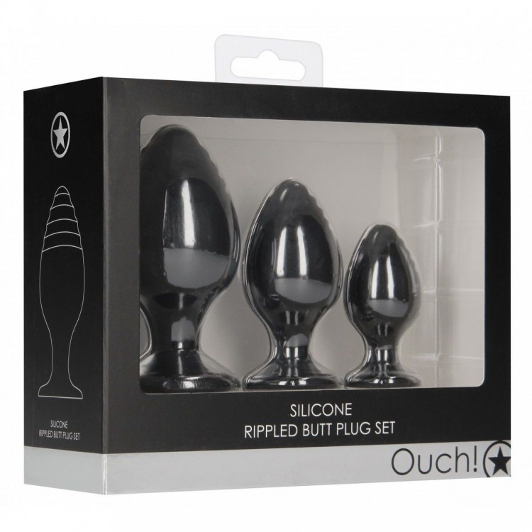 Набор из 3 черных анальных пробок Rippled Butt Plug Set Набор из 3 черных анальных пробок Rippled Butt Plug Set