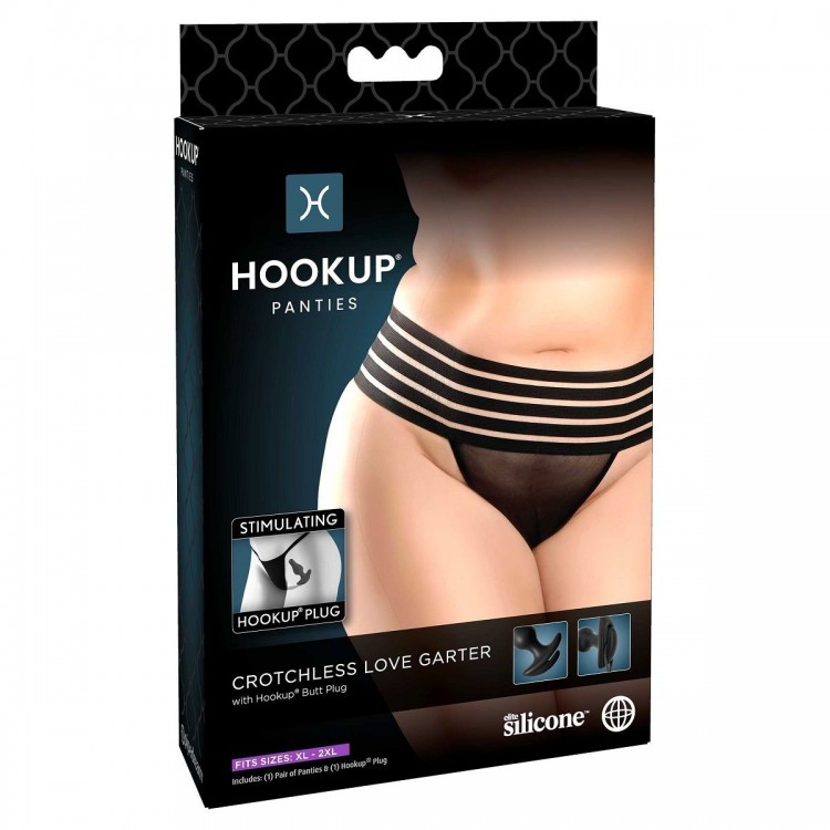 Черные трусики Crotchless Love Garter XL-XXL с анальной пробкой