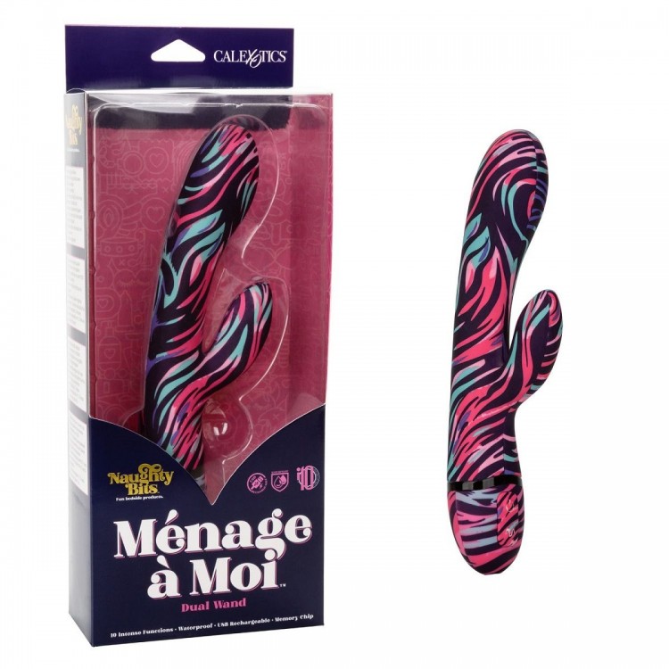 Черный вибратор-кролик Menage Moi Dual Wand с ярким принтом - 21 см.