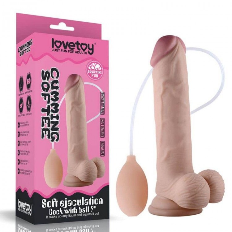 Телесный фаллоимитатор с имитацией эякуляции 9" Soft Ejaculation Cock With Ball - 22,9 см.