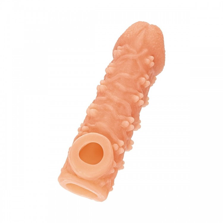 Телесная закрытая насадка с пучками шишечек Cock Sleeve Size S - 13,8 см.