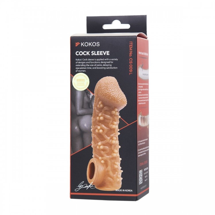 Телесная закрытая насадка с пучками шишечек Cock Sleeve Size L - 17,6 см.