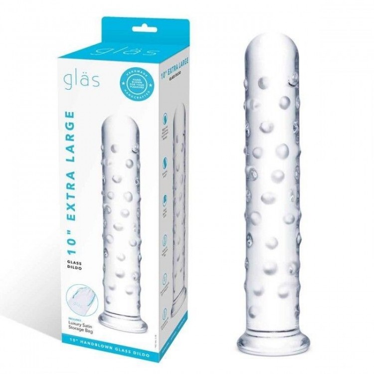 Прозрачный стеклянный фаллос с массажным рельефом 10 Extra Large Glass Dildo - 25,5 см.