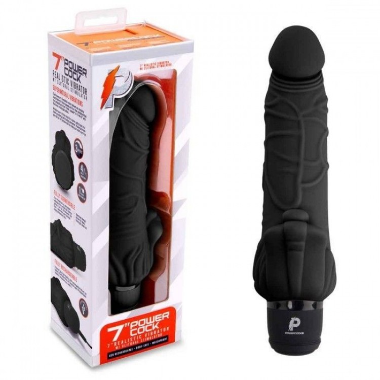 Черный вибратор-реалистик с клиторальными лепестками 7 Realistic Vibrator - 21,5 см.