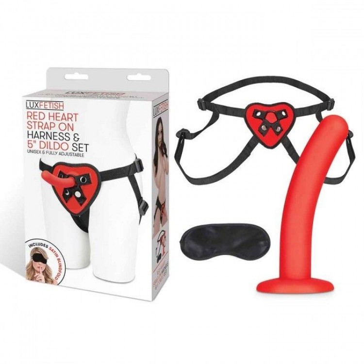 Красный поясной фаллоимитатор Red Heart Strap on Harness & 5in Dildo Set - 12,25 см.