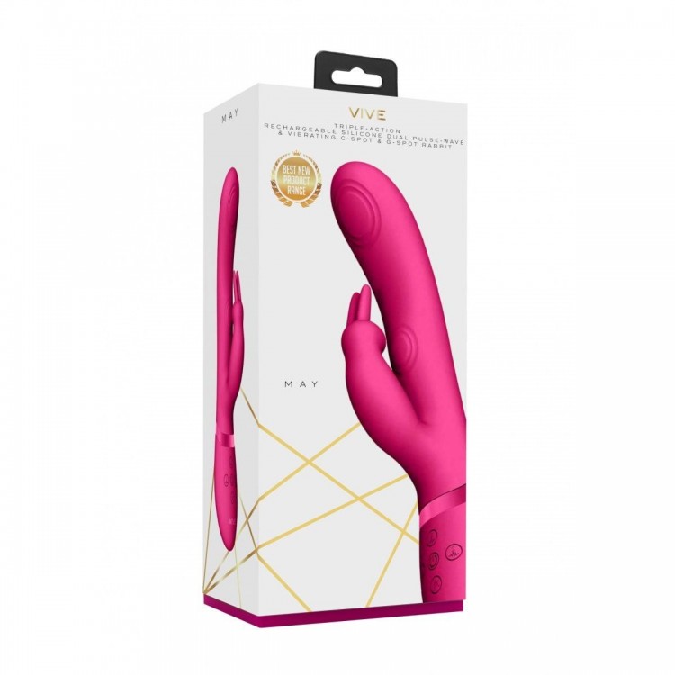 Розовый вибромассажер May Pulse-Wave & C-spot & G-Spot Rabbit - 22 см.