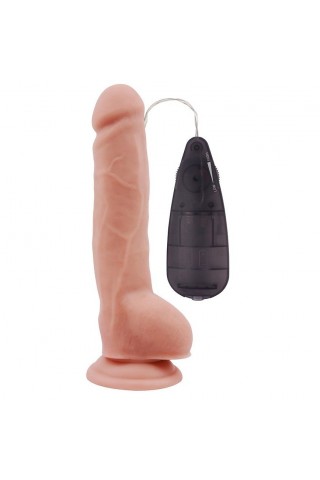 Телесный вибратор с мошонкой на присоске Extra Fun Vibrating Dildo - 23,5 см.