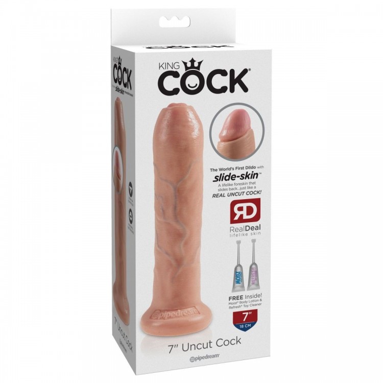 Телесный необрезанный фаллоимитатор на присоске 7" Uncut Cock - 19,1 см.