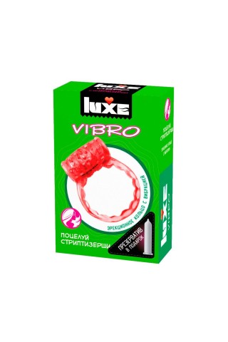 Розовое эрекционное виброкольцо Luxe VIBRO "Поцелуй стриптизёрши" + презерватив