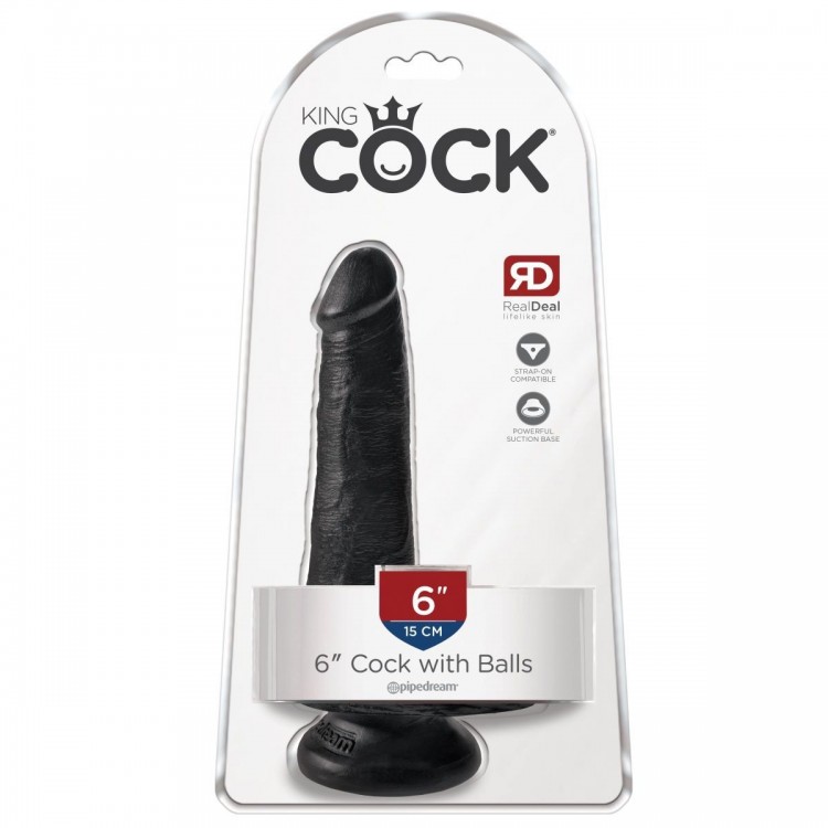 Черный фаллоимитатор с мошонкой и присоской 6" Cock with Balls - 17,8 см.