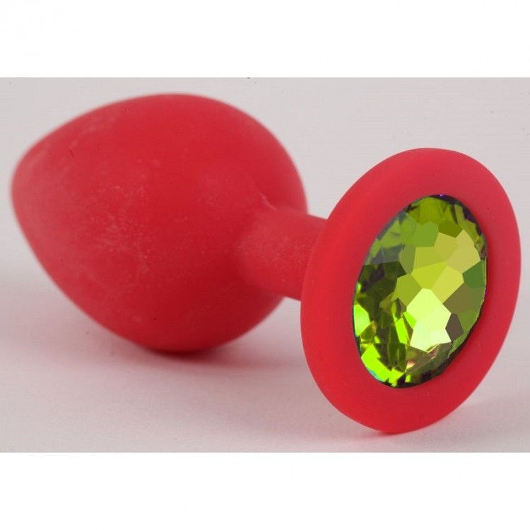 Красная силиконовая анальная пробка с лаймовым стразом - 9,2 см.