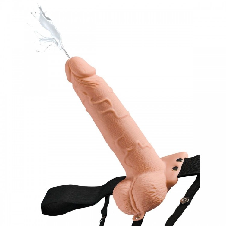 Телесный полый страпон с имитацией эякуляции 7.5" Hollow Squirting Strap-On with Balls - 21,6 см.