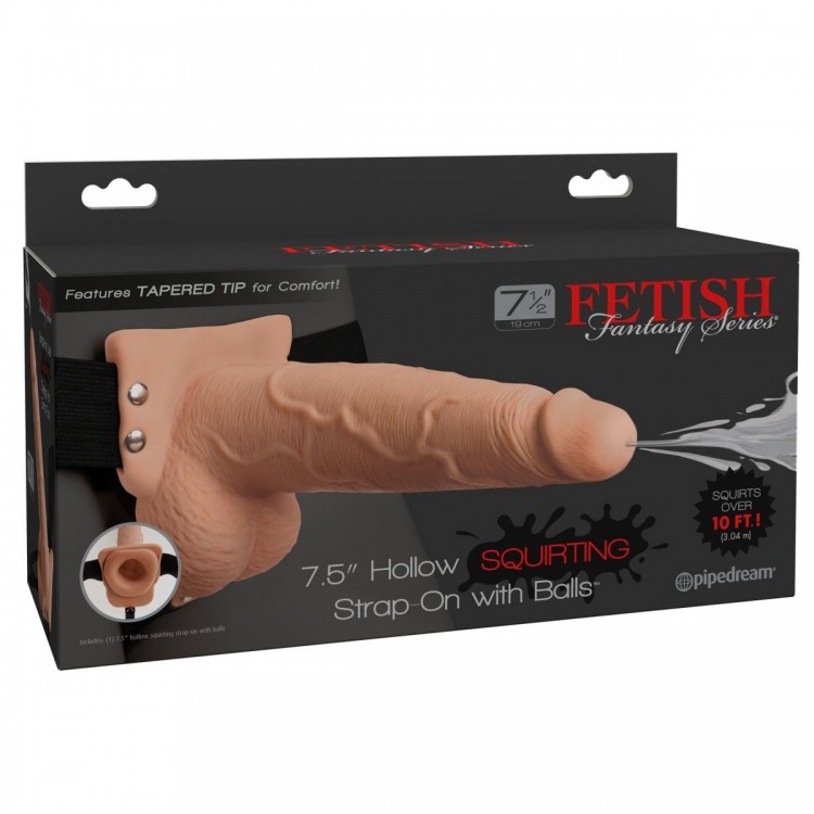 Телесный полый страпон с имитацией эякуляции 7.5" Hollow Squirting Strap-On with Balls - 21,6 см.