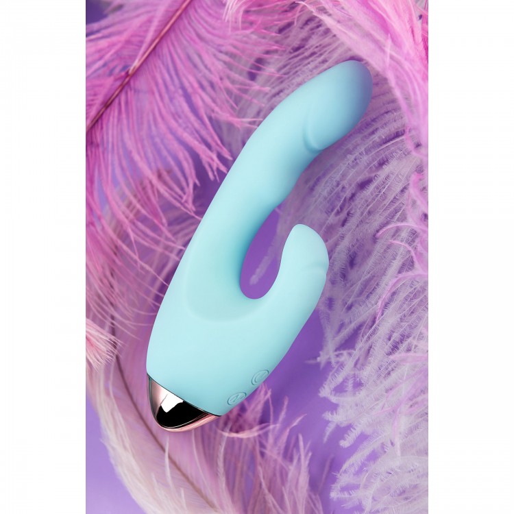 Голубой вибратор с клиторальным стимулятором CRYSTAL - 18,3 см.
