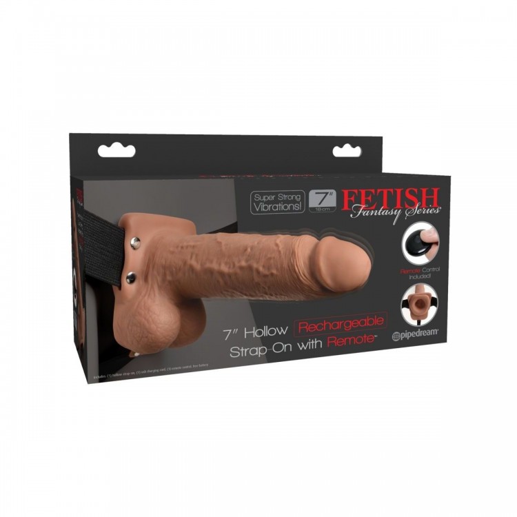 Кофейный перезаряжаемый вибрострапон 7" Hollow Rechargeable Strap-on with Balls - 20,3 см.