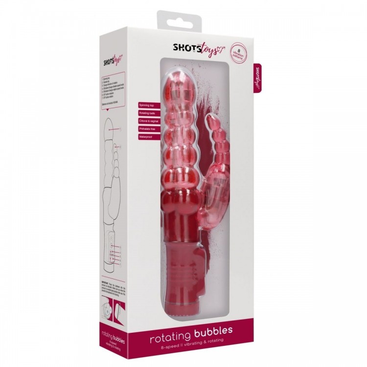 Красный вибратор-кролик Rotating Bubbles - 23,2 см.