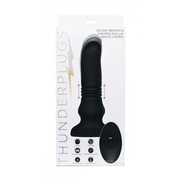 Черный фрикционный вибратор Silicone Vibrating & Thrusting Plug with Remote Control - 17,1 см.