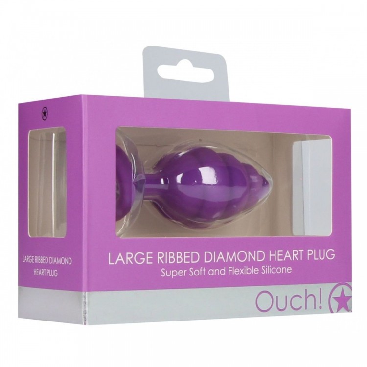 Фиолетовая анальная пробка Large Ribbed Diamond Heart Plug - 8 см.