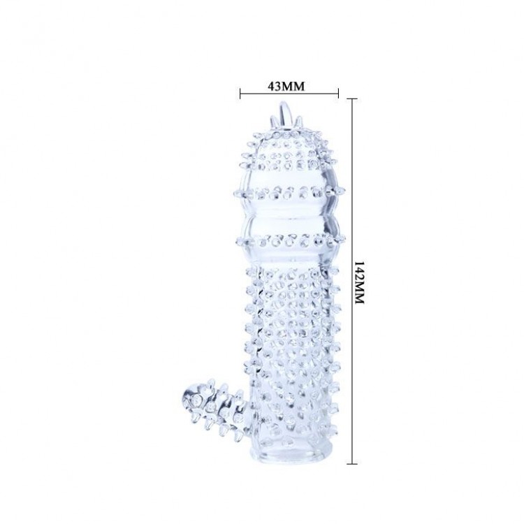 Прозрачная насадка на пенис с шипами и стимулятором клитора - 14,2 см.