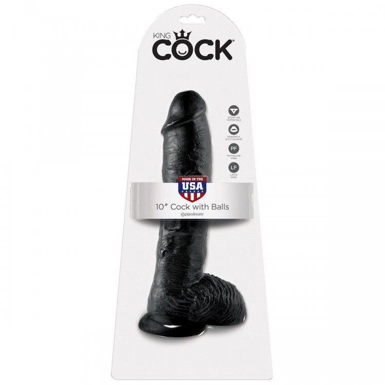 Реалистичный чёрный фаллоимитатор-гигант 10" Cock with Balls - 25,4 см.