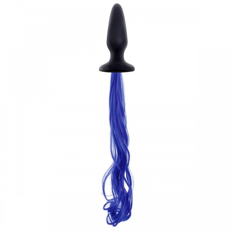 Чёрная анальная пробка с синим хвостом Unicorn Tails Blue
