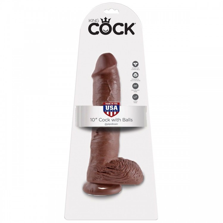 Большой коричневый фаллоимитатор с мошонкой 10" Cock with Balls на присоске - 25,4 см.