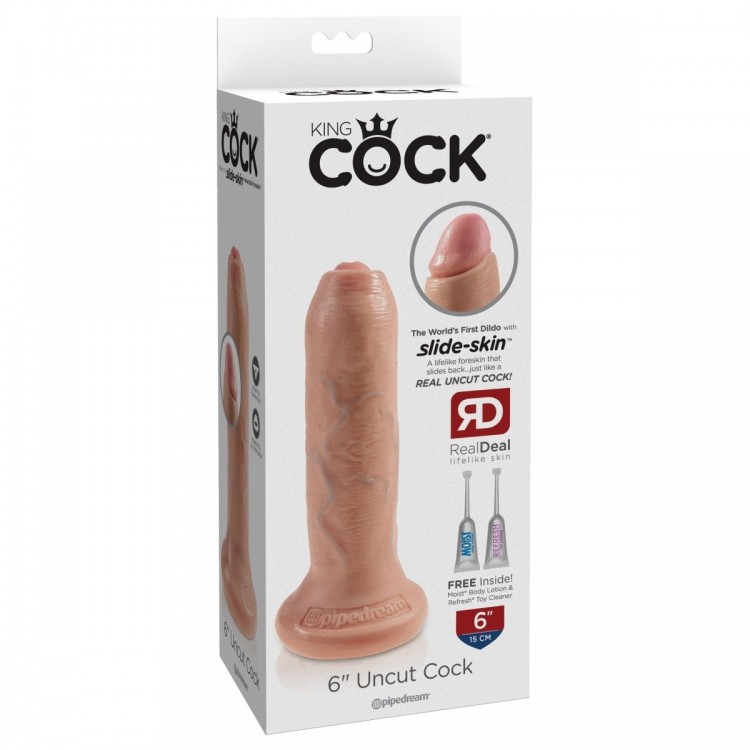 Телесный необрезанный фаллоимитатор на присоске 6" Uncut Cock - 16,5 см.