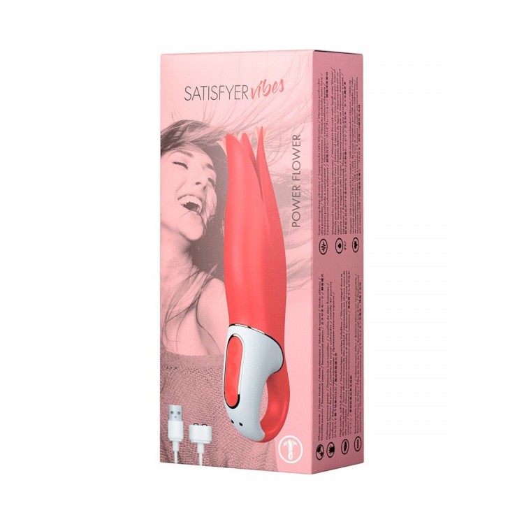 Красный вибратор Satisfyer Power Flower с лепестками - 18,8 см.