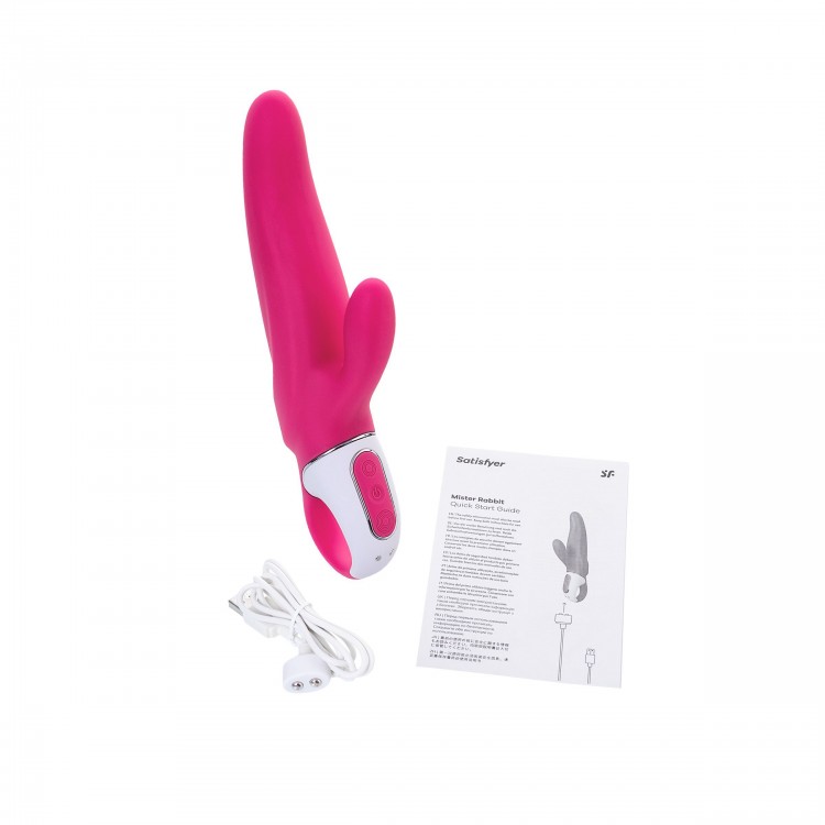 Ярко-розовый вибратор Satisfyer Mr. Rabbit с клиторальным отростком - 22,1 см.