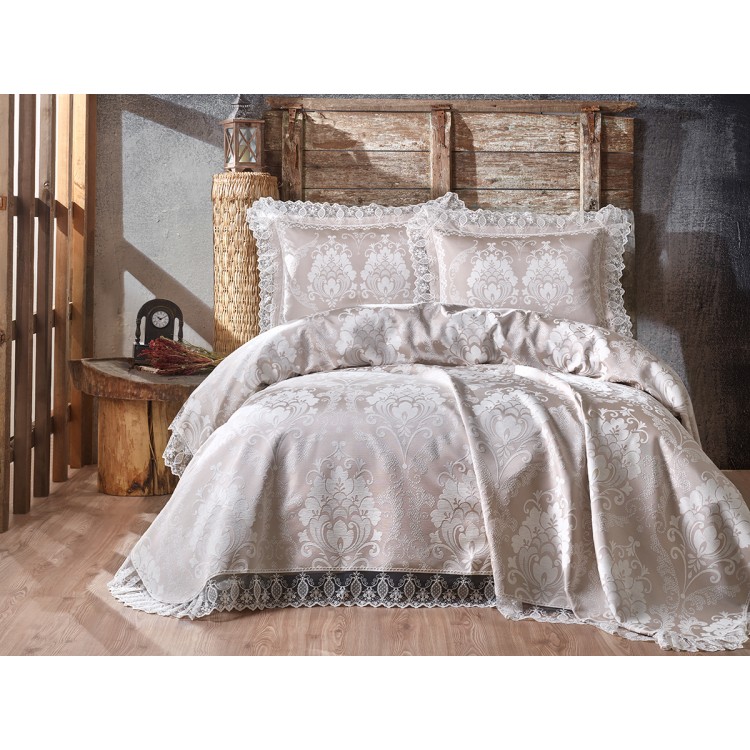 Покрывало жаккард "KARNA" с гипюром BEGONYA 260x260 (50x70+5)*2см