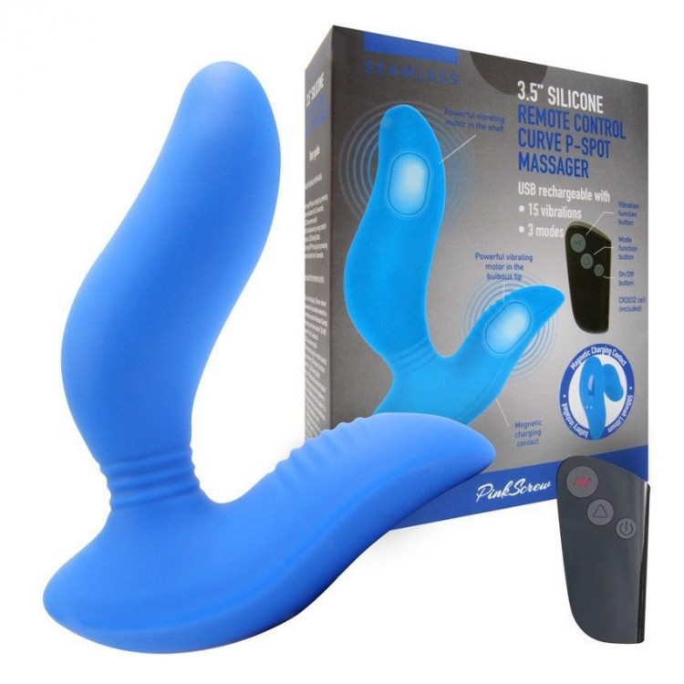 Синий вибромассажер простаты 3,5’’ Remote Control Curve P-spot Massager - 12 см.