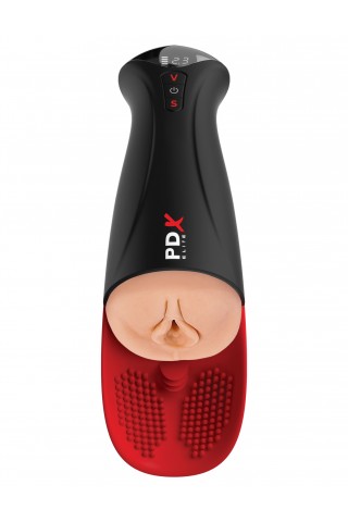 Телесный мастурбатор-вагина в черной колбе с вибрацией Fuck-O-Matic Pro XL