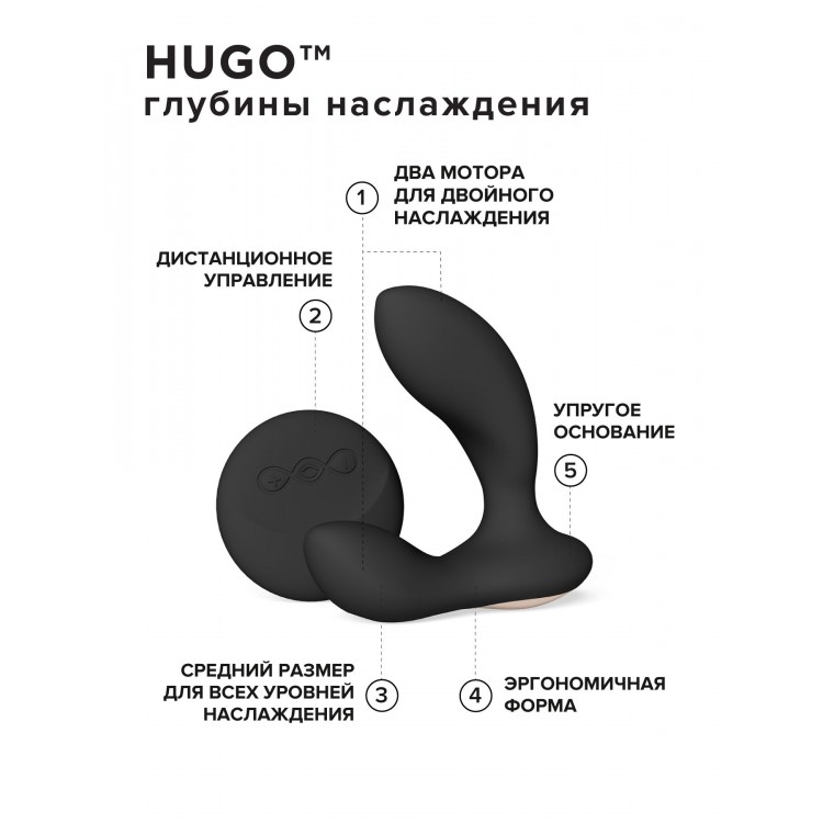 Черный вибромассажер простаты с пультом ДУ Hugo 2 Remote
