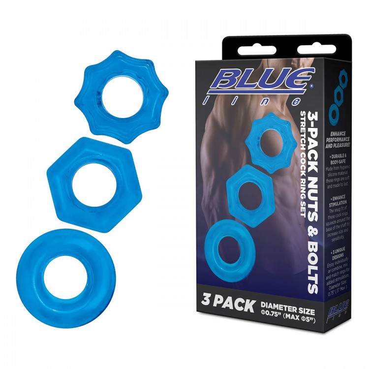 Комплект из трех голубых колец для эрекции 3-Pack Nuts & Bolts Stretch Cock Ring Set