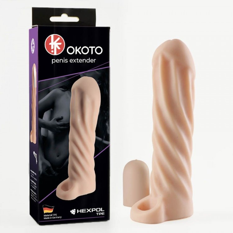 Телесная насадка-удлинитель Okoto со спиралевидным рельефом - 16 см.