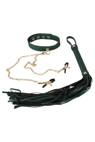 Зелёный комплект Fetish Set: ошейник, цепи с зажимами, плеть