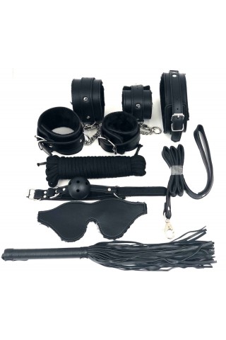 Набор БДСМ в черном цвете: наручники, поножи, кляп, ошейник с поводком, маска, веревка, плеть