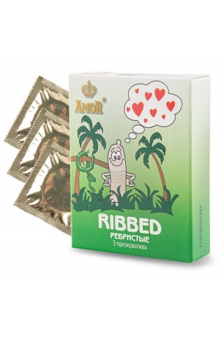Ребристые презервативы AMOR Ribbed "Яркая линия" - 3 шт.