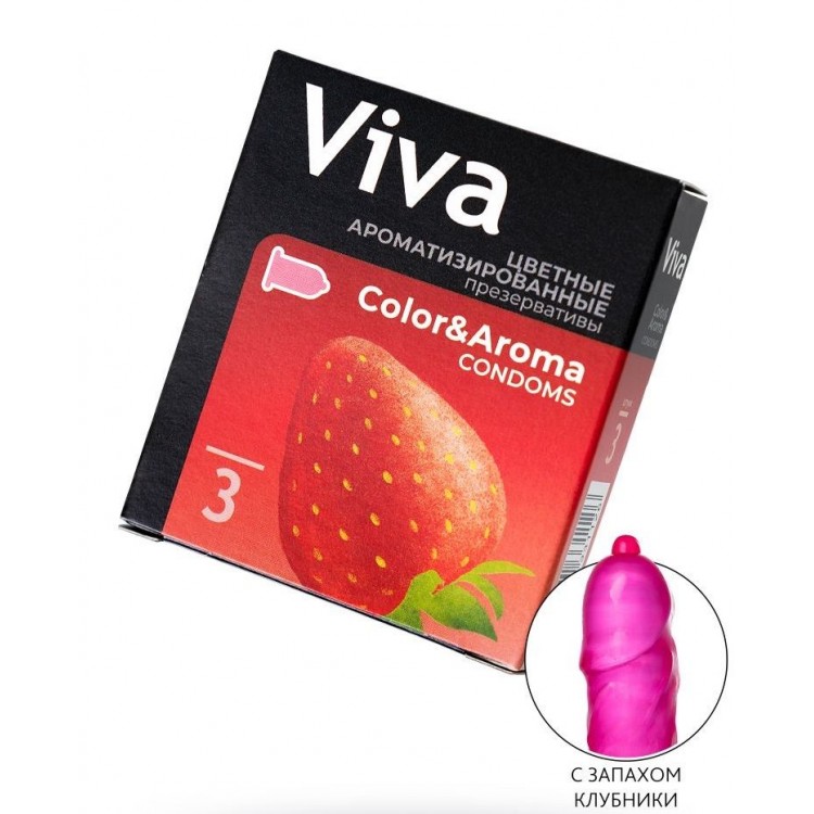 Цветные презервативы VIVA Color&Aroma с ароматом клубники - 3 шт.