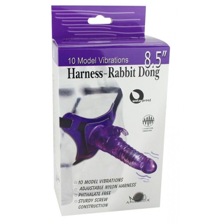 Розовый страпон 10 Mode Vibrations 8.5" Harness Rabbit Dong - 19 см.