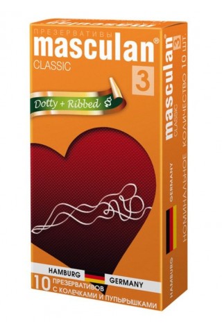 Презервативы Masculan Classic 3 Dotty+Ribbed с колечками и пупырышками - 10 шт.