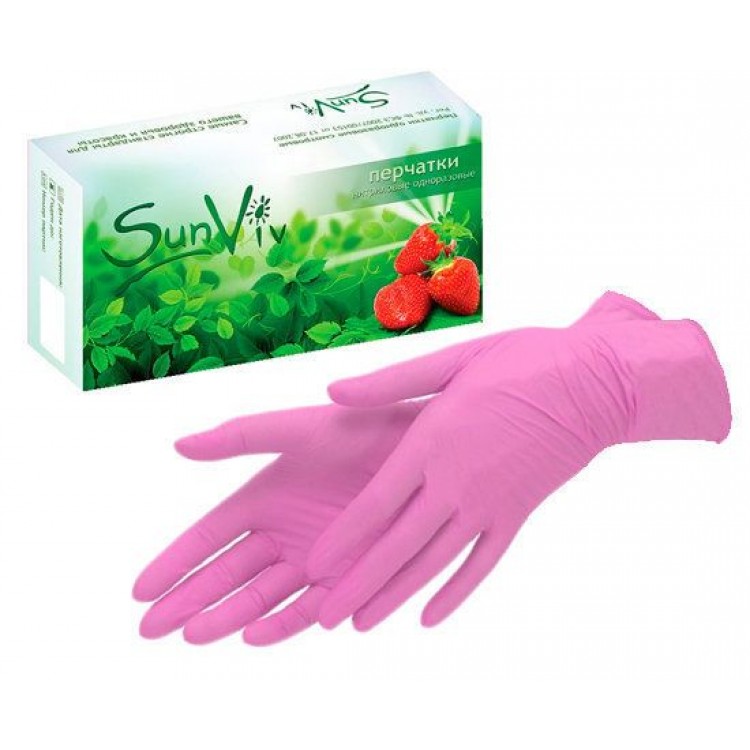Розовые одноразовые нитриловые перчатки SunViv размера L - 200 шт.(100 пар)
