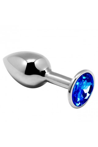 Серебристая анальная втулка с синим кристаллом Mini Metal Butt L - 9 см.