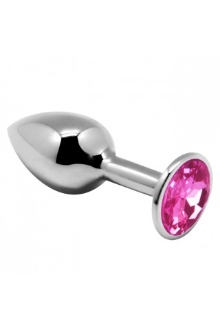 Серебристая анальная втулка с розовым кристаллом Mini Metal Butt L - 9 см.