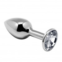 Серебристая анальная втулка с прозрачным кристаллом Mini Metal Butt Plug Size M - 8 см.