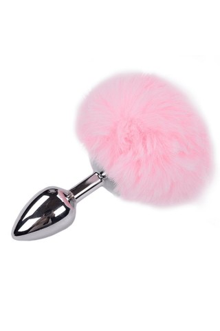 Серебристая анальная втулка с розовым хвостиком Alive Metal Anal Fluffly Plug S