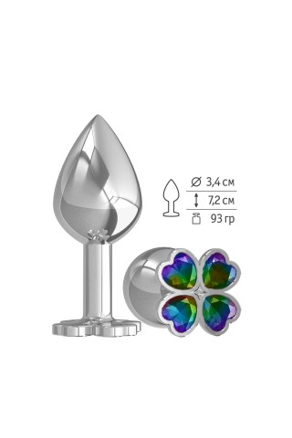 Средняя серебристая анальная втулка с клевером из радужных кристаллов - 8,5 см.