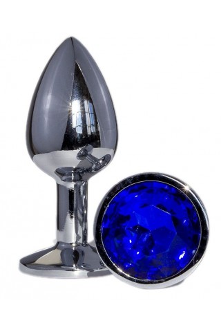 Металлическая анальная втулка с синим кристаллом - 7,2 см.